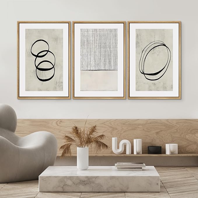 SIGNWIN Framed Canvas Print Wall Art Set Geometric Ring Grid Landscape Graffiti & Street Art Abstract Cozy Neutral Modern Art Decorative Nordic for Living Room, Bedroom, Office - 16"x24"x3 Natural