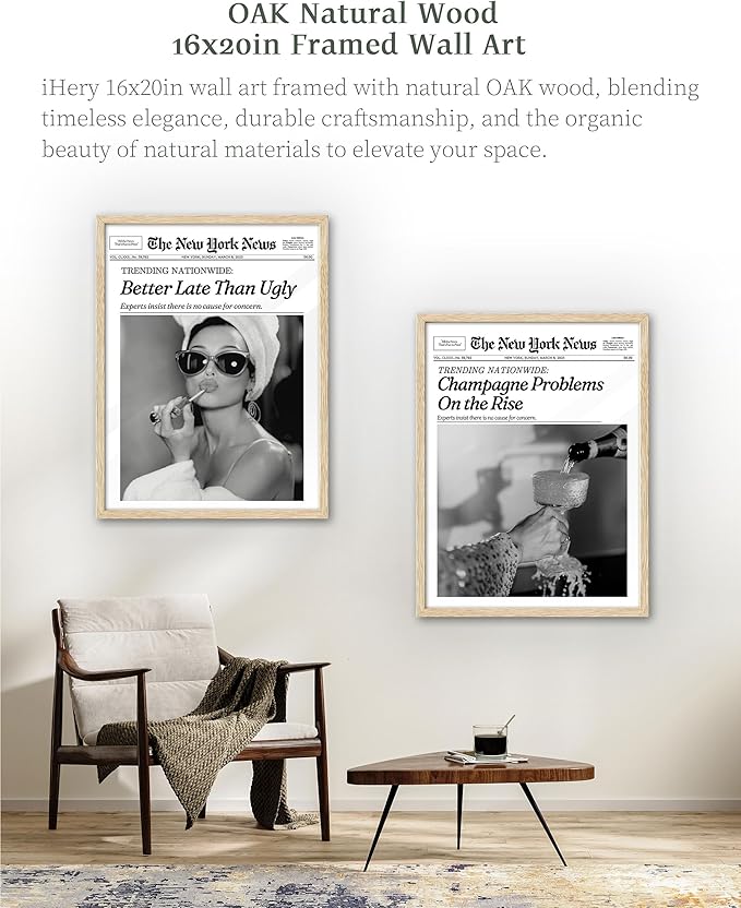 iHery Better Late Than Ugly Natural OAK Wood Audrey Hepburn Newspaper Trendy Framed Wall Art, Large 16x20 in Vintage Headline Canvas Bedroom Wall Decor, Set of 1 Bathroom Girly Dorm Living Room
