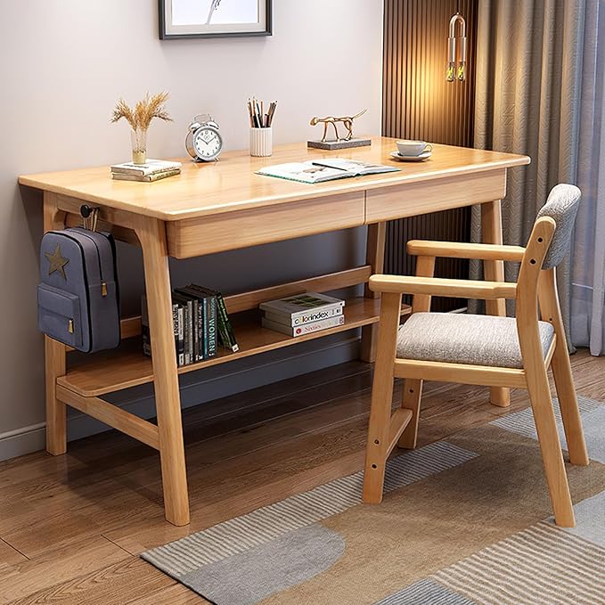 SAZDFY Solid Wood Home Office Desk Workstation, Writing Desk with 2 Drawer and Shelves,Mid Century Modern Computer Desk PC Study Table for Small Spaces(100x60x75cm(39x24x29in), Wood)
