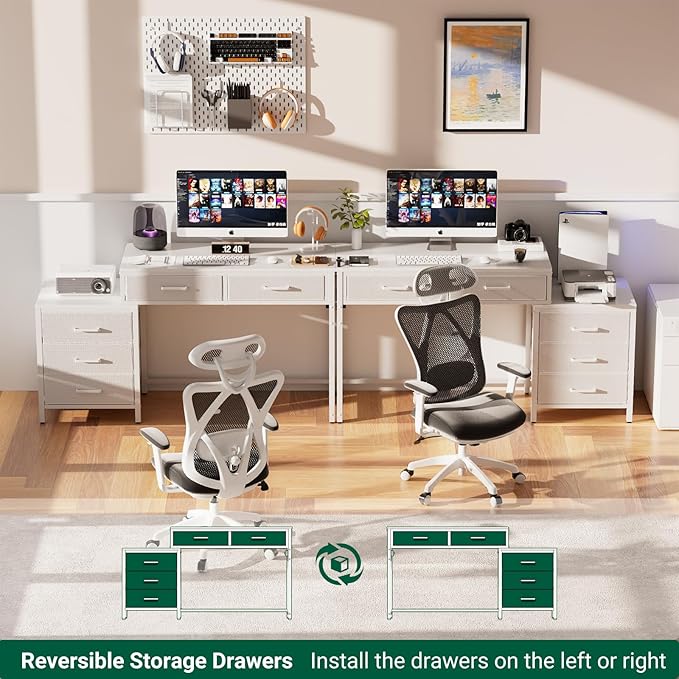Unikito Reversible Computer Desk with 5 Drawers, Sturdy Office Desk with Power Outlets and USB Ports, Study Writing Table with File Cabinet & Printer Stand, Vanity Desk with Storage, White