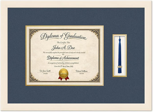 Diploma Frame with Tassel Holder Coastal Whitewash Shadowbox Navy Blue Over Gold Mat - Fits 11 x 8.5 Degree Made in the USA