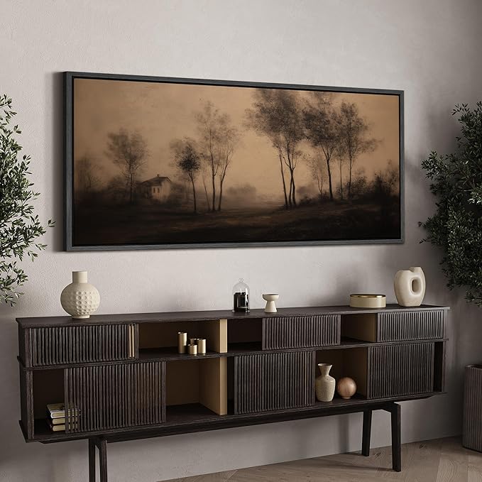 SIGNFORD Extra Large Framed Canvas Print Wall Art Vintage Sepia Countryside Trees and Cottage Illustrations Modern Art Calm Warm for Living Room, Bedroom, Office - 60"x30"