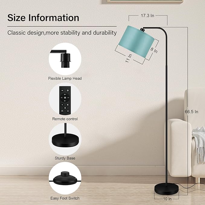 BoostArea Dimmable Floor Lamp for Living Room,Arc Remote Control Sofa Lamps,Stepless Dimmable & Colors Temperature,2700-6500k,Foot Switch,67 in All Modern Standing Lamp for Bedroom Office,Green