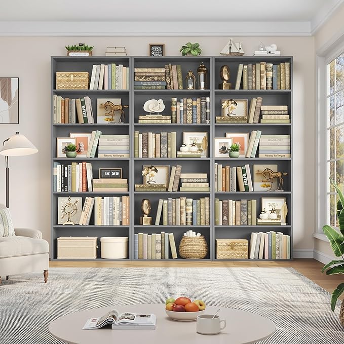 FOTOSOK 6-Tier Open Bookcase and Bookshelf, Freestanding Display Storage Shelves Tall Bookcase for Bedroom, Living Room and Office, Dark Gray