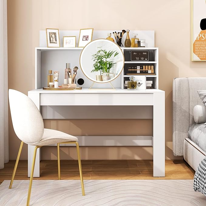 Giantex White Desk with Hutch, Home Office Desk with Bookshelf, Computer Workstation PC Laptop Table with Anti-Toppling Device & Cable Hole, Modern Study Writing Desk for Small Spaces, Bedroom