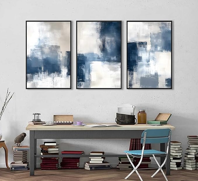 3 Pcs Framed Navy Blue Abstract Canvas Wall Art Modern Minimalist Neutral Blue and Grey Paintings Pictures Wall Decor Poster Print Artwork for Living Room Bedroom Office Home Decoration