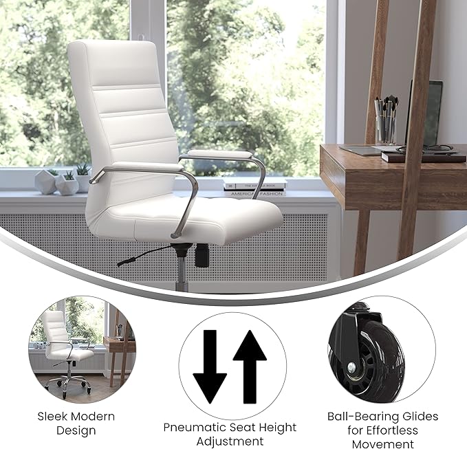 Flash Furniture Whitney High Back White LeatherSoft Executive Swivel Office Chair with Chrome Frame, Arms, and Transparent Roller Wheels