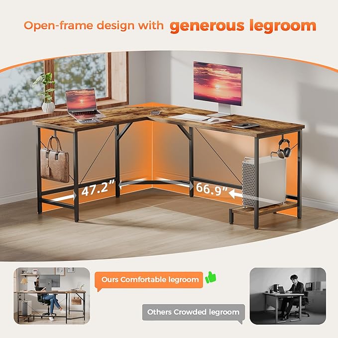 Mericonia 66 inch Large L Shaped Desk, Simple Corner Gaming Desk with CPU Stand & Hooks, Computer Desk for Home, Bedroom & Office Workspace, Dark Brown