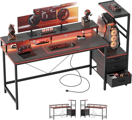 Mericonia Gaming Desk with Power Outlets & LED Lights, Reversible Computer Desk with PC Case Stand, Fabric Drawers, Modern Office Desk with Shelves, Monitor Stand