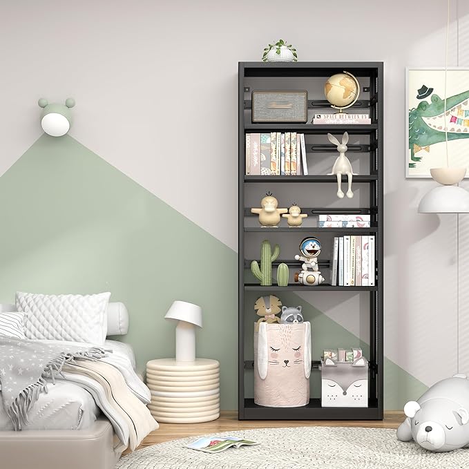 [Heavy Duty] Metal 5 Tier Bookshelf, 68" Tall Bookcase with Adjustable Shelves, Open Storage Shelf, Floor Standing Bookshelves, Bookcases for Office, Living Room, Bedroom, Black, Assembly Required