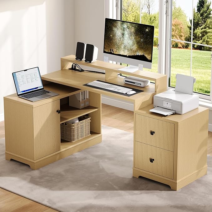 67" L Shaped Executive Desk with Drawers & Storage Shelf, Corner Computer Desk with Power Outlets, Home Office Desk with Monitor Stand, Printer Shelf, Computer Writing Desk for Work, Oak