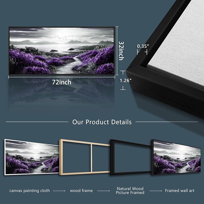 FUHAIHUA Canvas Wall Art For Living Room Wall Decor For Bedroom Office Wall Decoration Purple Flowers Landscape Painting Black And White Pictures Artwork Room Aesthetic Home Decor 32x72 In