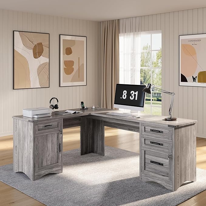 L Shaped Farmhouse Executive Desk with Drawers, 67" Home Office Desks with Fast Charging Station, Lockable File Cabinet, Wood Writing Computer Desk for Work, Study, Grey