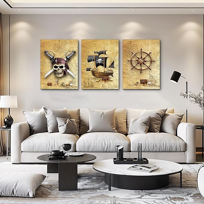 Pirate ship and rudders Canvas Wall Art for Living Room Bedroom Decoration wall painting,Bathroom Wall Decor Home Decoration kitchen posters artwork，Adventure map decoration 16x12 inch/ 3 piece set