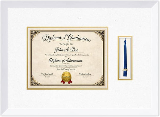 Diploma Frame with Tassel Holder Bright White Shadowbox Oyster Shell Over Gold Mat - Fits 11 x 8.5 Degree Made in the USA