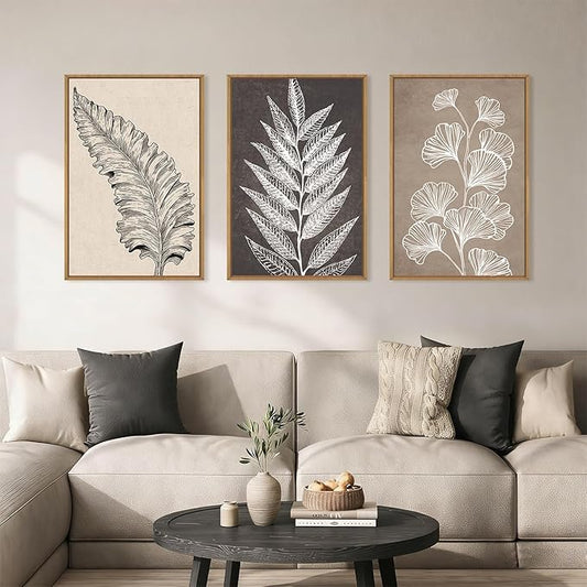 HOURIA Abstract Boho Fern Leaf Floral Framed Canvas Wall Art Set,Vintage Botanical Leaves Wildflower Decor,Modern Minimalist Nature Inspired Beige & Brown Artwork for Living Room,Farmhouse-16 x24 x3