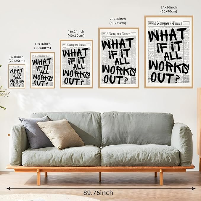 What If It All Works Out Wall Art Retro Black and White Newspaper Motivational Poster Positive Affirming Quote Minimalist Canvas Print for Bedroom Living Room Home Decor 16x24inch Wood Color Framed