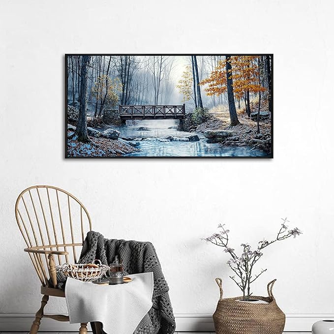 yiijeah Living Room Wall Art - Modern Wall Decor for Bedroom Office Decor Mountain Forest Landscapes Village Bridge Painting Framed Canvas Prints Ready to Hang Pictures Home Decor