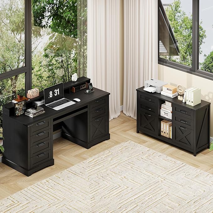 Farmhouse Lateral Filing Cabinet, Lateral File Cabinet with 6 Drawers and Adjustable Shelf, Large Printer Stand with 2 File Drawers for Letter/A4 Size Hanging Files for Home Office, Rustic Black