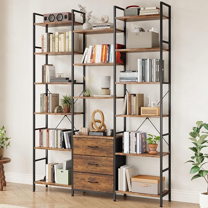 Triple Bookshelf with 3 Fabric Drawers, 6-Tier Book Shelf and 10 Display Shelves, Industrial Large Bookcase for Home & Office, Rustic Brown, 47'' Wide