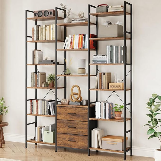 Triple Bookshelf with 3 Fabric Drawers, 6-Tier Book Shelf and 10 Display Shelves, Industrial Large Bookcase for Home & Office, Rustic Brown, 47'' Wide