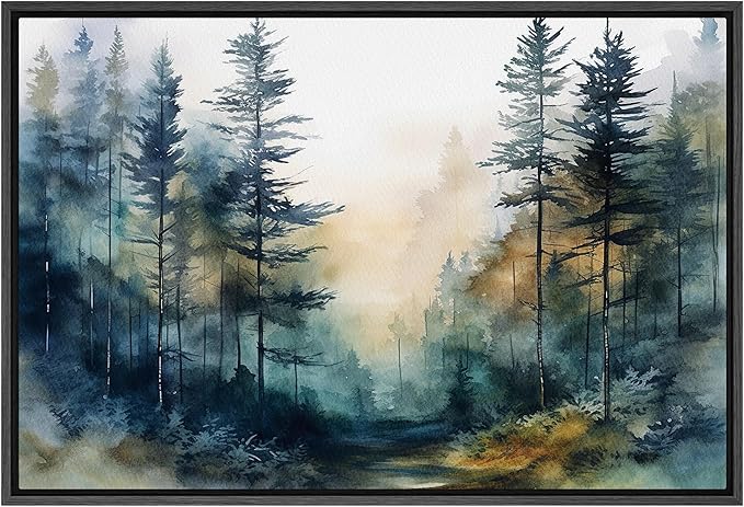 SIGNFORD Framed Canvas Print Wall Art Pine Tree Forest Nature Wilderness Realism Decorative Landscape Relax/Calm for Living Room, Bedroom, Office - 16"x24" Black