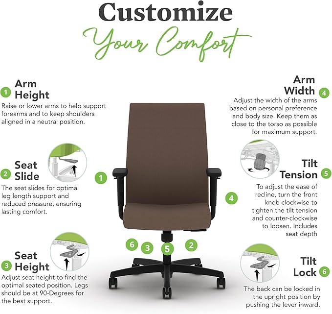 HON Ignition 2.0 Fabric Office Chair, Upholstered, Adjustable Arms, Standard Synchro-Tilt Recline Executive Ergonomic Office Chair, Black Frame, Bark
