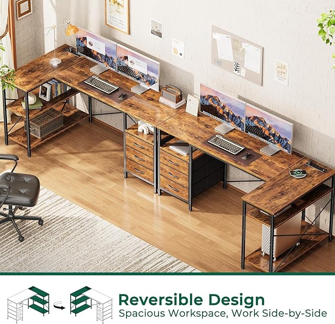 Simple Deluxe L Shaped Gaming Desk with Power Outlets, 55 Inch Computer Desk with 3 Drawers, Shelves, Corner Computer Desk for Gaming, Corner Work, Home Office, Study, Rustic Brown