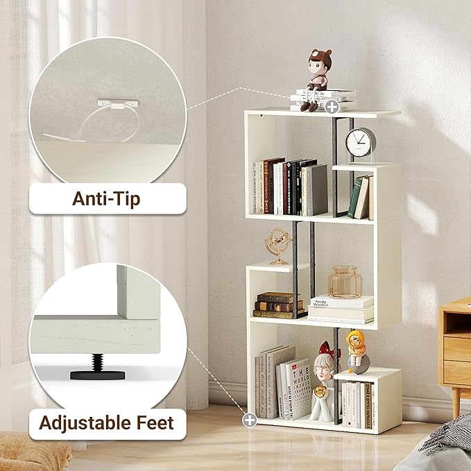 Manora 3 Tier Geometric Bookcase, S Shaped Bookshelf, Modern White Bookcase with Tall Display Shelves, Decorative Storage Shelf for Living Room and Bedroom