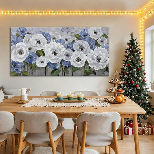 Floral Wall Art for Living Room- Large Canvas Paintings with Floral Wall Picture - Flower Wall Decor in Blue & White, Textured Artwork - Landscape Wall Art & Pictures for Bedroom and Home Decor