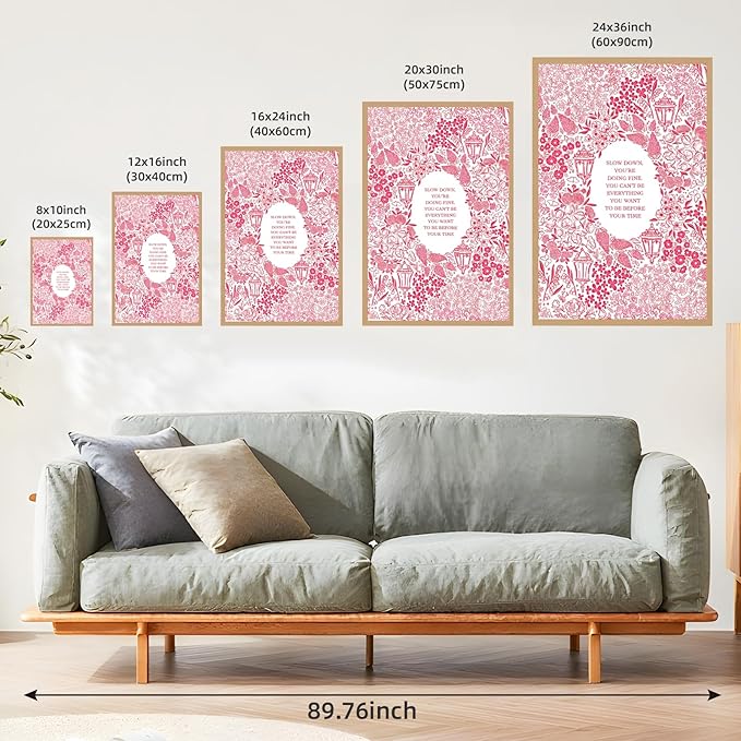 Slow Down You're Doing Fine Music Posters Motivational Quote Pink Wall Art Vintage Floral Positive Daily Reminder Song Lyrics Canvas Print Aesthetic Office Home Decor 24x36inch Wood Color Framed