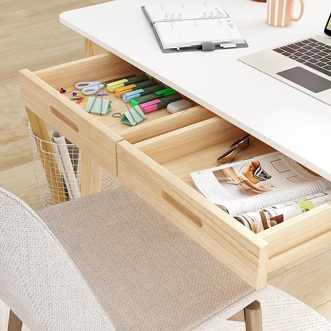 Home Office Computer Desk Coner Desk with 2 Drawers, Study Writing Table for Home Office, Study, White & Natural (47.2 ”W x 23.6”D x 29.1”H)