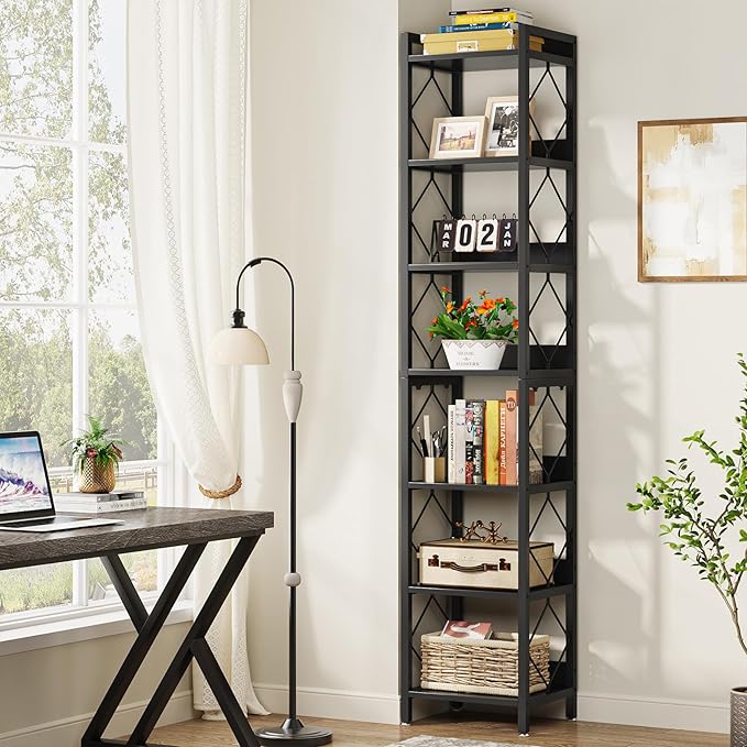Tribesigns 78.7 Inch Extra Tall Narrow Bookshelf Set of 2, 7 Tier Skinny Bookcase for Small Spaces, Freestanding Display Shelves, Multifunctional Corner Storage Organizer for Home Office, Black