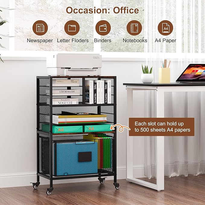 9 Slots Lateral File Cabinet with Drawer, Mobile Filling Cabinet with Open Storage Shelves, Hanging File Folder For Letter Size Folders, Metal Bookshelf Organizer Cart for Office Home, Black