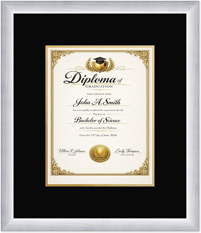 CountryArtHouse Diploma Frame Fits 8.5 x 11 Certificate (Portrait) - Keepsake Graduation Display Stainless Silver Genuine Hardwood with Black Over Metallic Gold Double mat