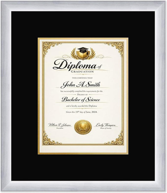 CountryArtHouse Diploma Frame Fits 8.5 x 11 Certificate (Portrait) - Keepsake Graduation Display Stainless Silver Genuine Hardwood with Black Over Metallic Gold Double mat