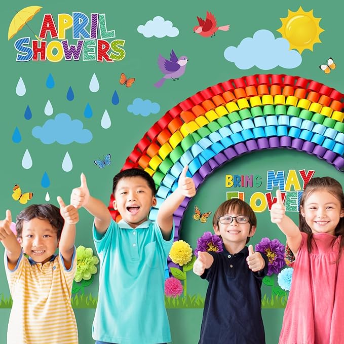 Blosssound Spring Bulletin Board Decorations April Showers Bring May Flowers Decorations 3D Spring Flower Rainbow Cutouts with Paper Flowers Blackboard Wall Decals for School Home Party Decor