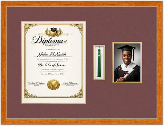 Diploma Tassel and Photo Shadowbox Fits 11 x 14 College Diploma (Portrait) with Tassel Hoo Honey Oak Genuine Hardwood with Dark Red Over Metallic Gold Double mat
