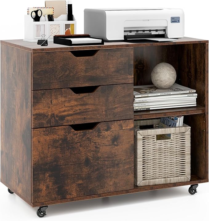 3 Drawer File Cabinet, Wood Lateral Filing Cabinet for Hanging Letter, A4, Legal Size, Rolling Printer Stand with Adjustable Shelf, Under Desk Storage for Home Office (Brown)
