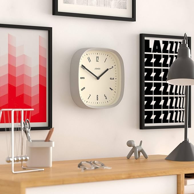 JONES CLOCKS® Marvel wall Clock | Modern Retro Rounded Square Clock | 10 inch | Gray | Cool Designer Look for Kitchen, Living Room or Office