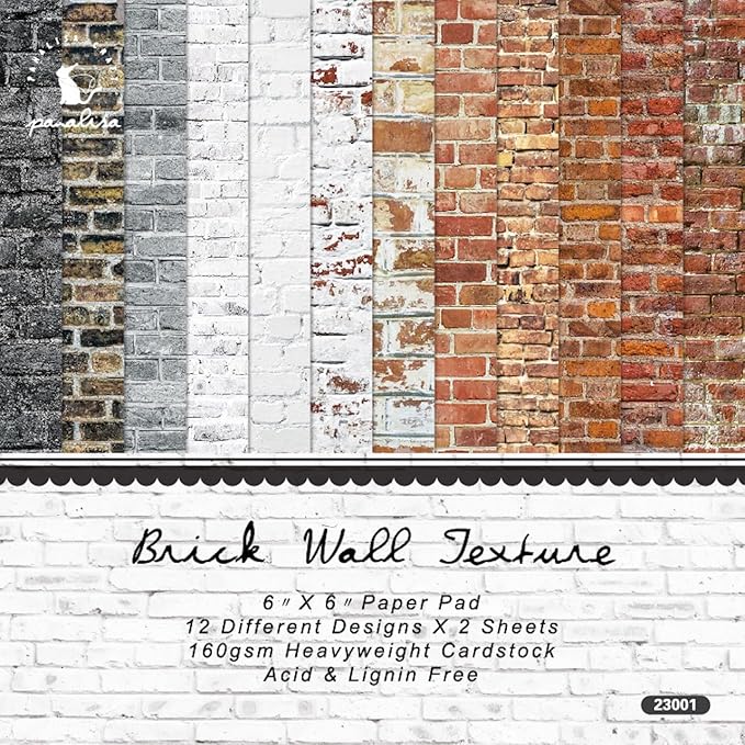 6x6 Brick Wall Texture Scrapbook Paper Pad | 24 Sheets (12 Designs) 160gsm Cardstock | Realistic Red, Whitewashed & Gray Brick Patterns for Dioramas, Dollhouses, Junk Journals & Crafts