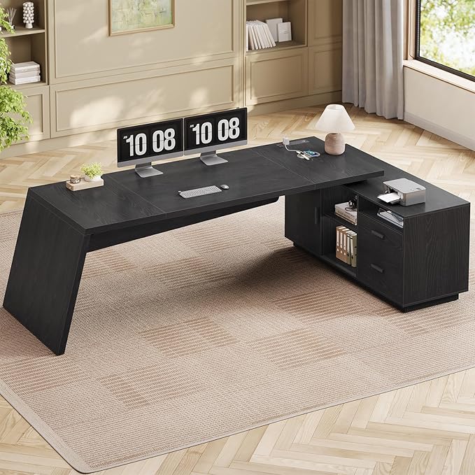 78 inch L Shaped Executive Desk with Power Outlets, Large Home Office Desk with Storage Drawers and File Cabinet, Modern Computer Desk with Shelves, Black Business Furniture