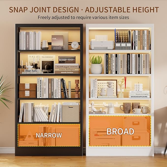 Metal White Bookshelf, 71"H Tall Bookcase with Adjustable Storage Shelves, 5-Tier Heavy Duty Book Shelf, Modern Open Large Book Case for Library, Living Room, Office, including Book Stopper (White)