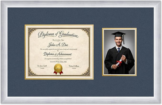Diploma Frame With Photo Opening Stainless Silver Navy Blue Over Gold Mat - Fits 10 x 8 Degree and Picture Made in the USA