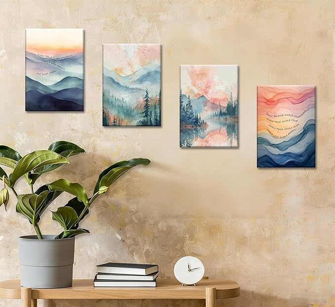 4pcs Mental Health Inhale Exhale Meditation Canvas Wall Art Abstract Watercolor Painting Picture Wall Decor Therapy Office Pictures Poster Print Artwork for Meditation Room Calming Corner Decoration