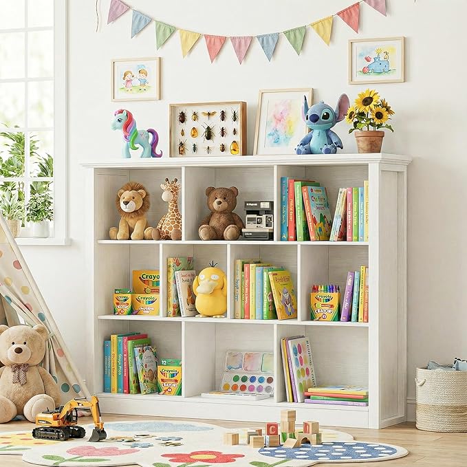 Unikito 10 Cube Storage Book Shelf - 50" Wide Wood Cube Storage Organizer, Wooden 3 Tiers Floor Standing Low Bookcase for Living Room, Bedroom, Home Office, Kids Room