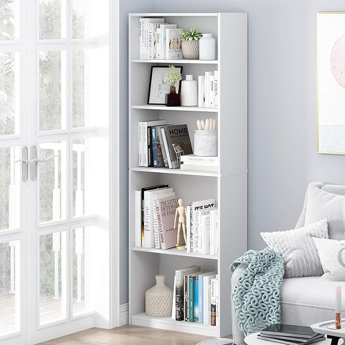 Furinno Jaya Book Shelf, 5-Tier Bookshelf, Bookcase with Adjustable Shelves, 9.5 x 24.5 x 71.2, for Organization and Storage, for Living Room, Bedroom, Home Office, White