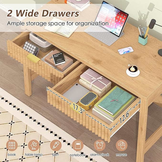 Fluted Computer Desk with 2 Drawers, 39 Inch Small Computer Desk with Storage, Compact Writing Study Desk for Small Spaces