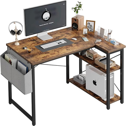 Grandder L Shaped Computer Desk with Reversible Shelves, 40 Inch Small Corner Desk with Storage Bag, Gaming Desk Computer Table Study Writing Desk for Home Office Small Space, Rustic Brown