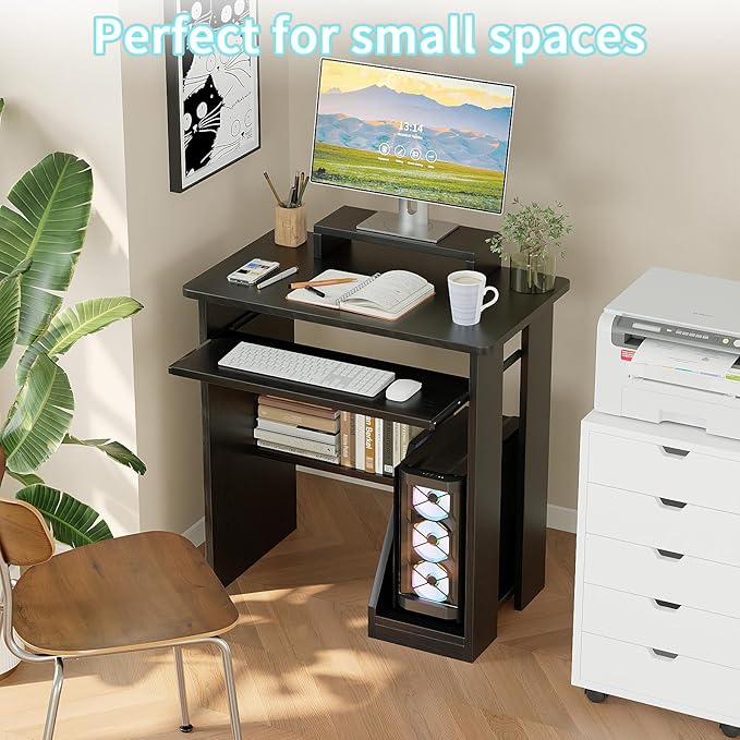 ALISENED 30" Small Computer Desk with Keyboard Tray Monitor Stand, Study Writing Desk with Storage Shelves, Modern Workstation for Small Spaces, Save Space, Black A